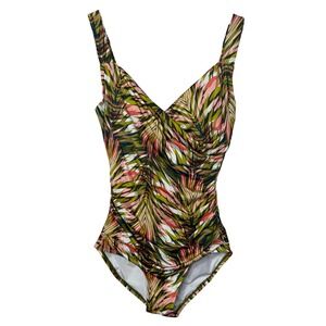 Jantzen Jungle Palm Surplice One Piece Swimsuit Size 6 Green Pink Tropical Beach